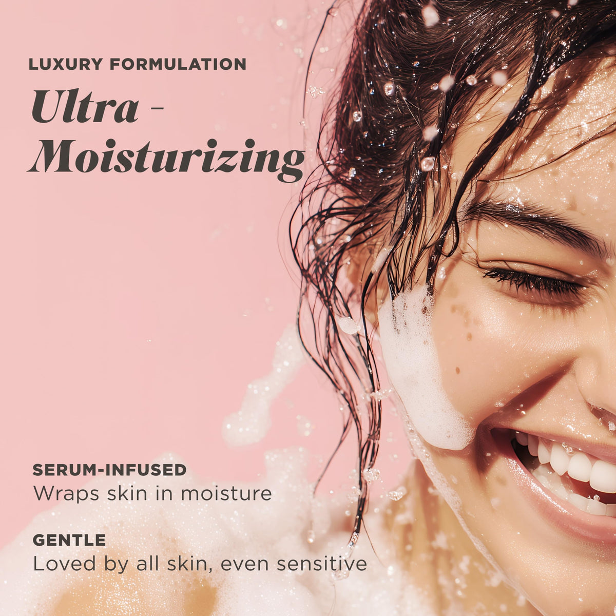 Caress Vitamin C serum-infusion visual emphasizes brightening feel without overpromising results.