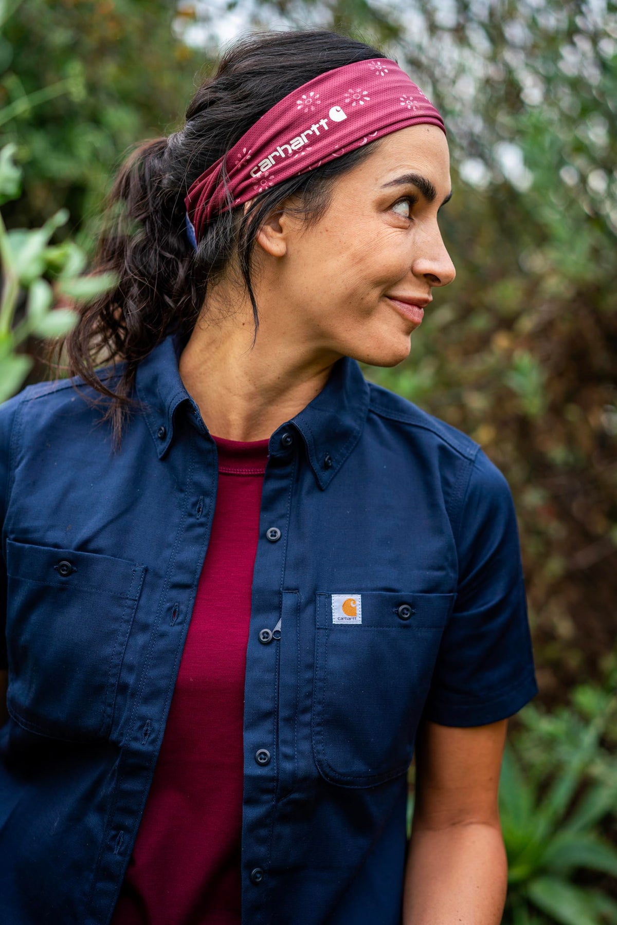 Carhartt Force headband UPF protection close-up highlighting sun safety for outdoor work.