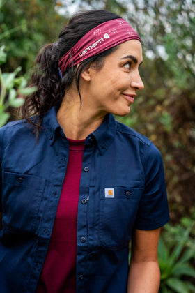 Carhartt Force headband UPF protection close-up highlighting sun safety for outdoor work.