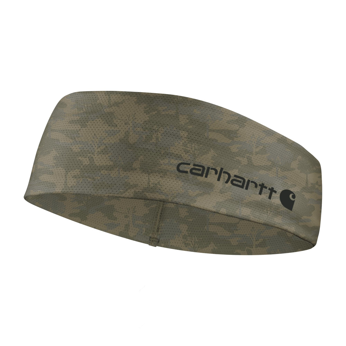 Carhartt headband in tree camo burnt olive, front view, moisture-wicking comfort for workouts.