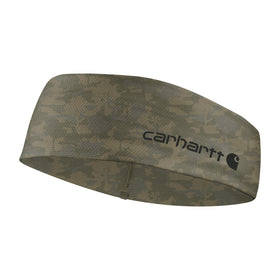 Carhartt headband in tree camo burnt olive, front view, moisture-wicking comfort for workouts.