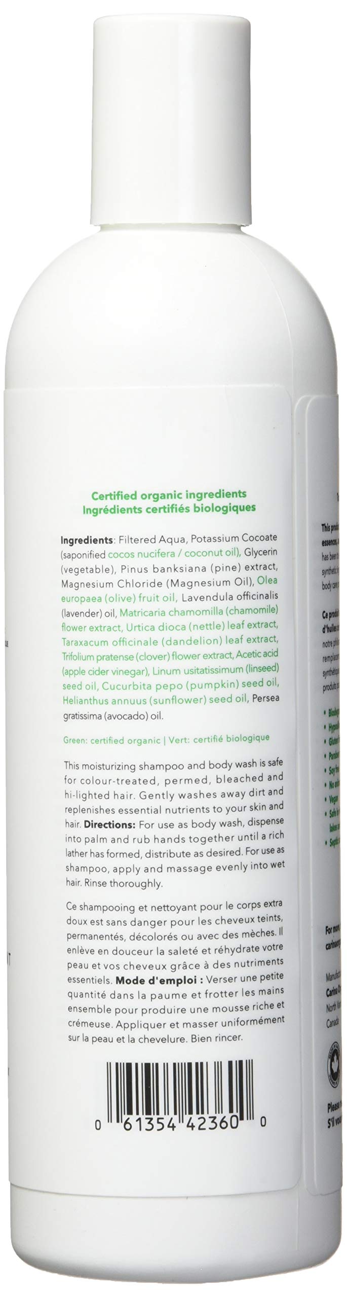 Carina Organics Lavender shampoo label highlights natural ingredients and product name