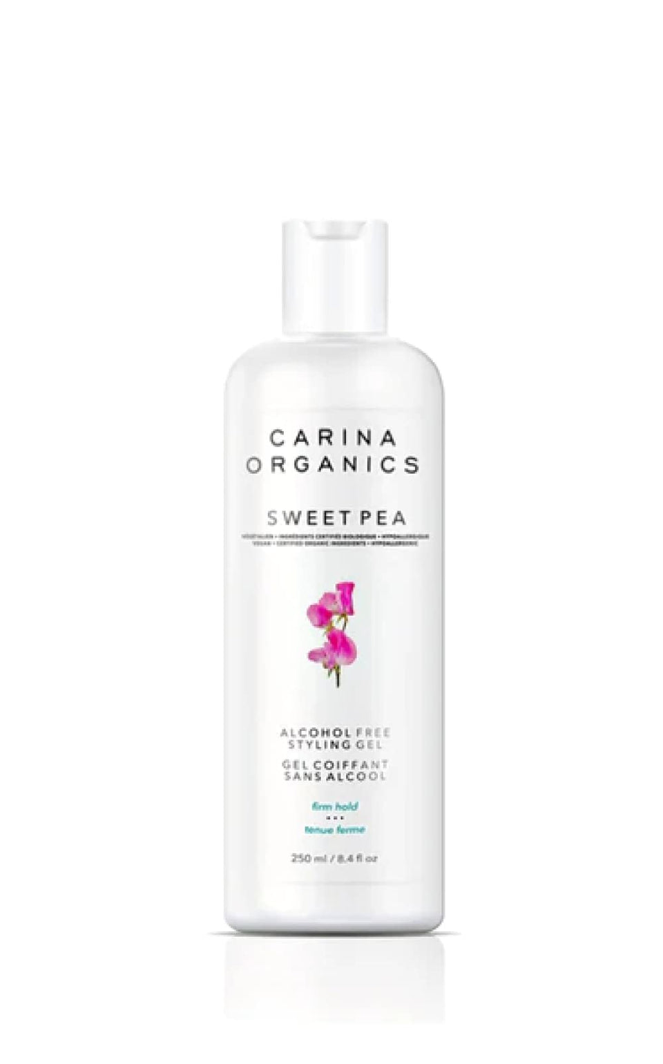 Carina Organics Sweet Pea Styling Gel bottle offering medium to firm hold for defined curls.