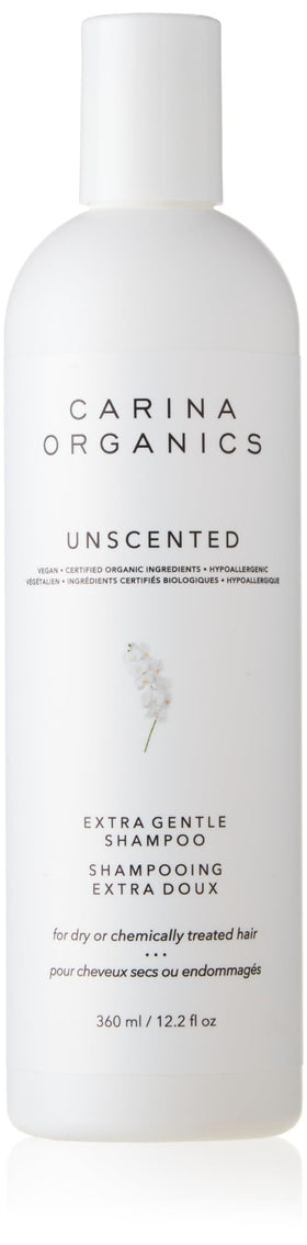 Carina Organics Unscented Extra Gentle Shampoo bottle for daily gentle cleansing and color protection.