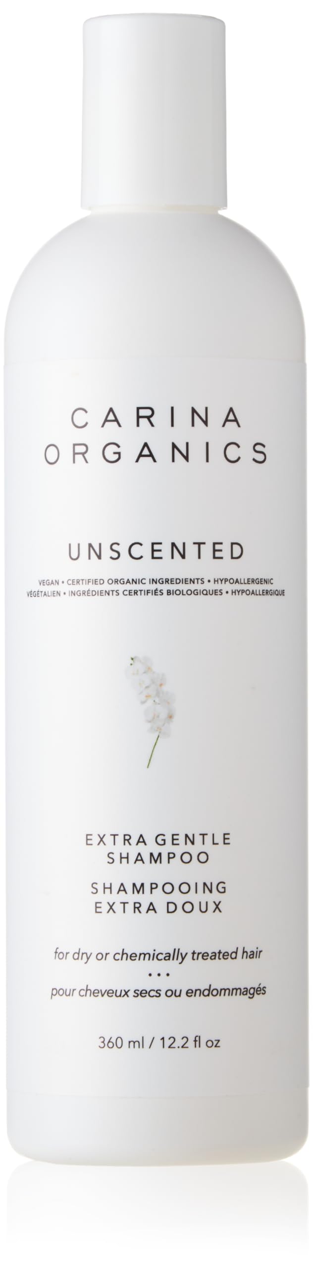 Carina Organics Unscented Extra Gentle Shampoo bottle for daily gentle cleansing and color protection.