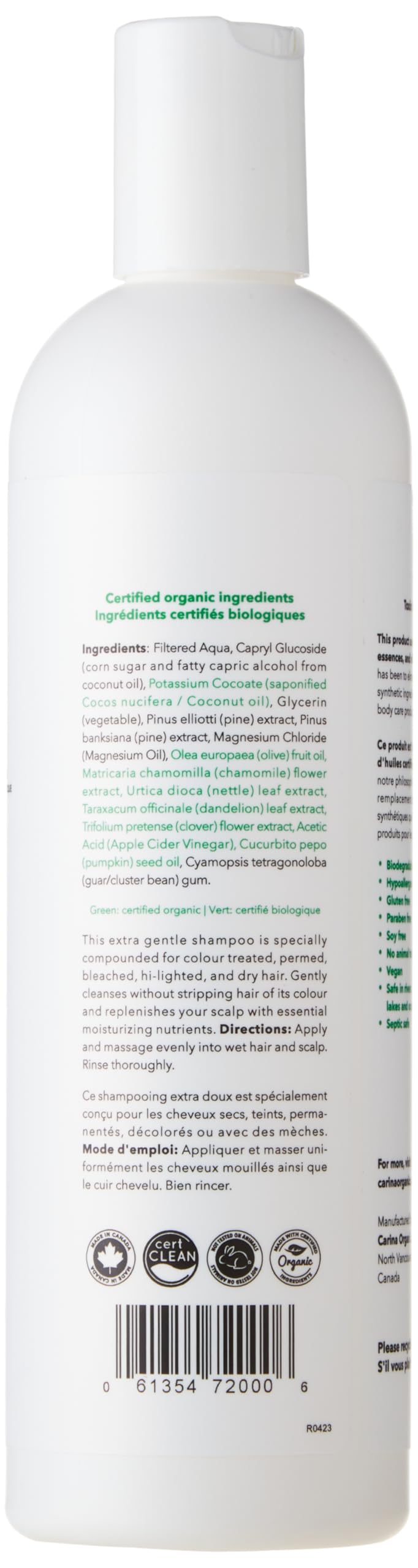 Carina Organics Unscented Extra Gentle Shampoo close-up shows rich lather and scalp nourishment.