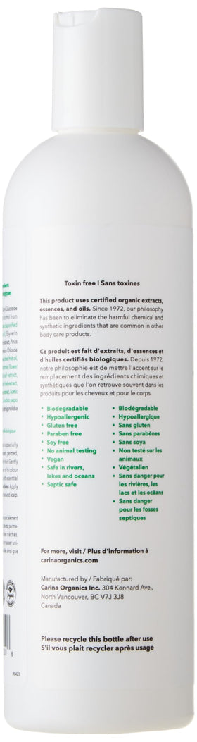 Carina Organics Unscented Extra Gentle Shampoo pour demonstrates gentle moisturizing action for dry or treated hair.