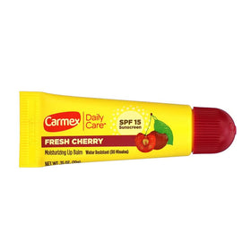 Carmex 12-pack Fresh Cherry lip-balm-tube for sharing and travel.