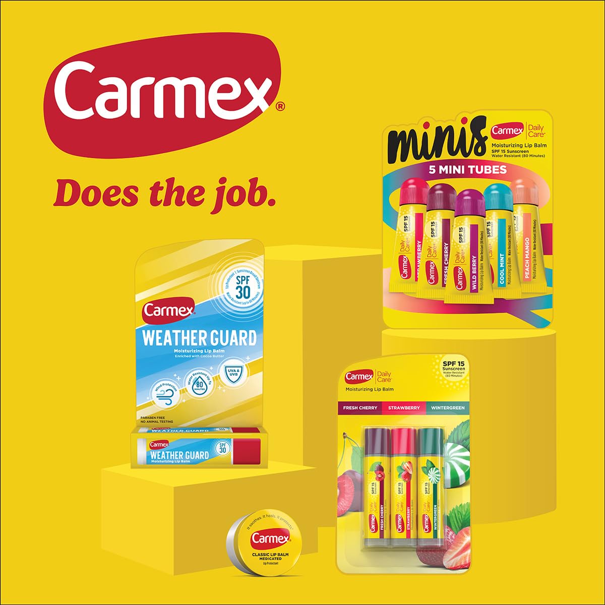 Carmex Classic tube close-up highlights menthol cooling feel.
