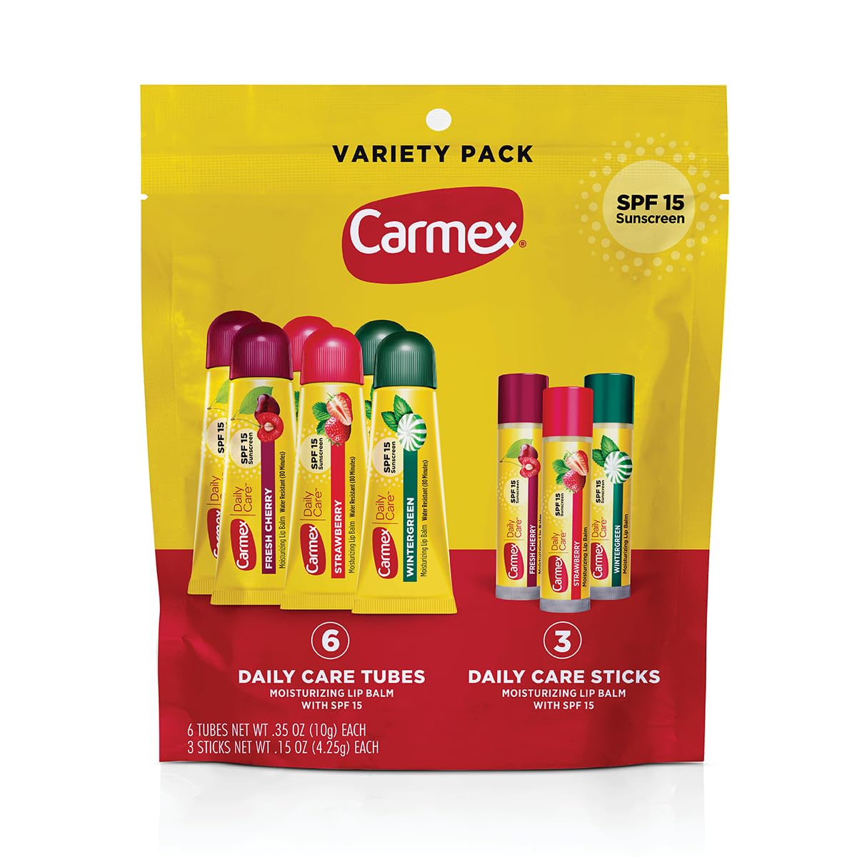 Carmex Daily Care SPF 15 wintergreen lip balm tube protects lips outdoors