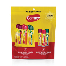 Carmex Daily Care SPF 15 wintergreen lip balm tube protects lips outdoors
