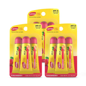 Carmex Daily Care SPF 15 Strawberry lip balm tube ready for on-the-go sun protection.
