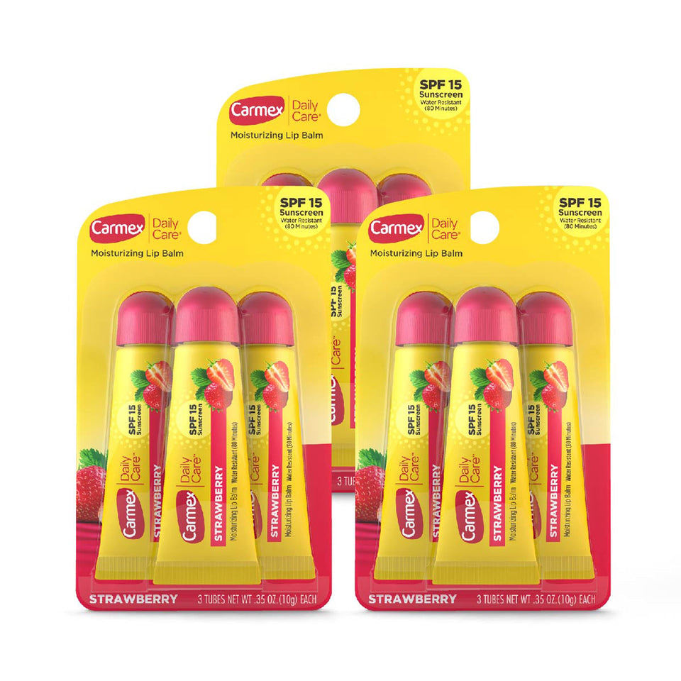 Carmex Daily Care SPF 15 Strawberry lip balm tube ready for on-the-go sun protection.