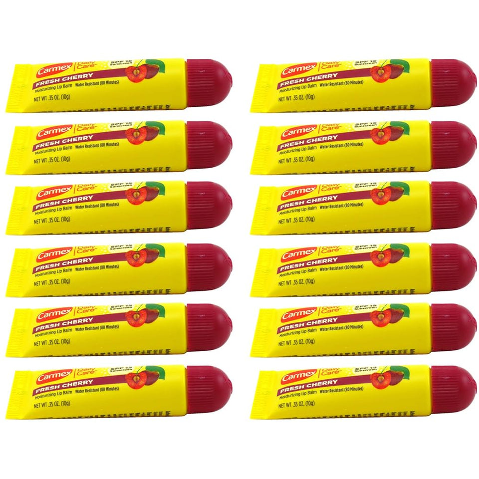 Carmex Fresh Cherry lip-balm-tube provides daily moisture with SPF15 protection.