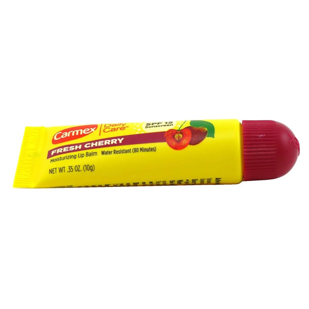 Carmex Fresh Cherry SPF15 lip-balm-tube for sunny day lip care.