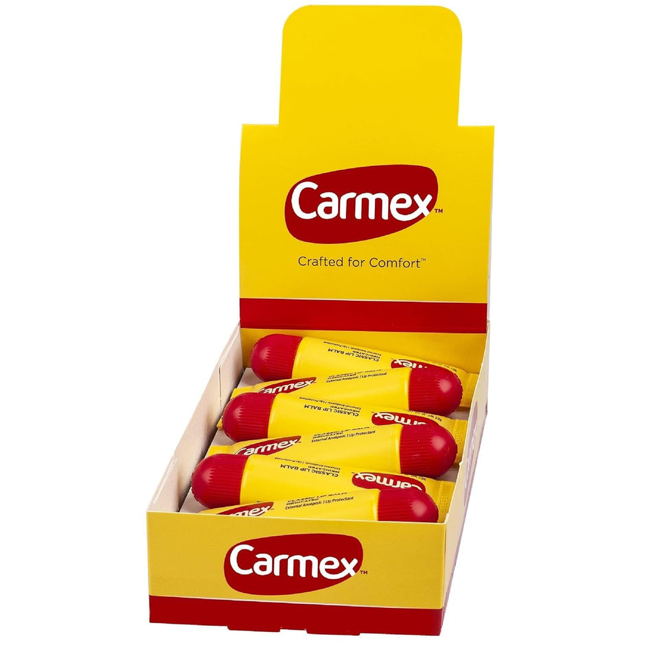 Carmex lip balm tubes pack 12 in a display for daily lip care.
