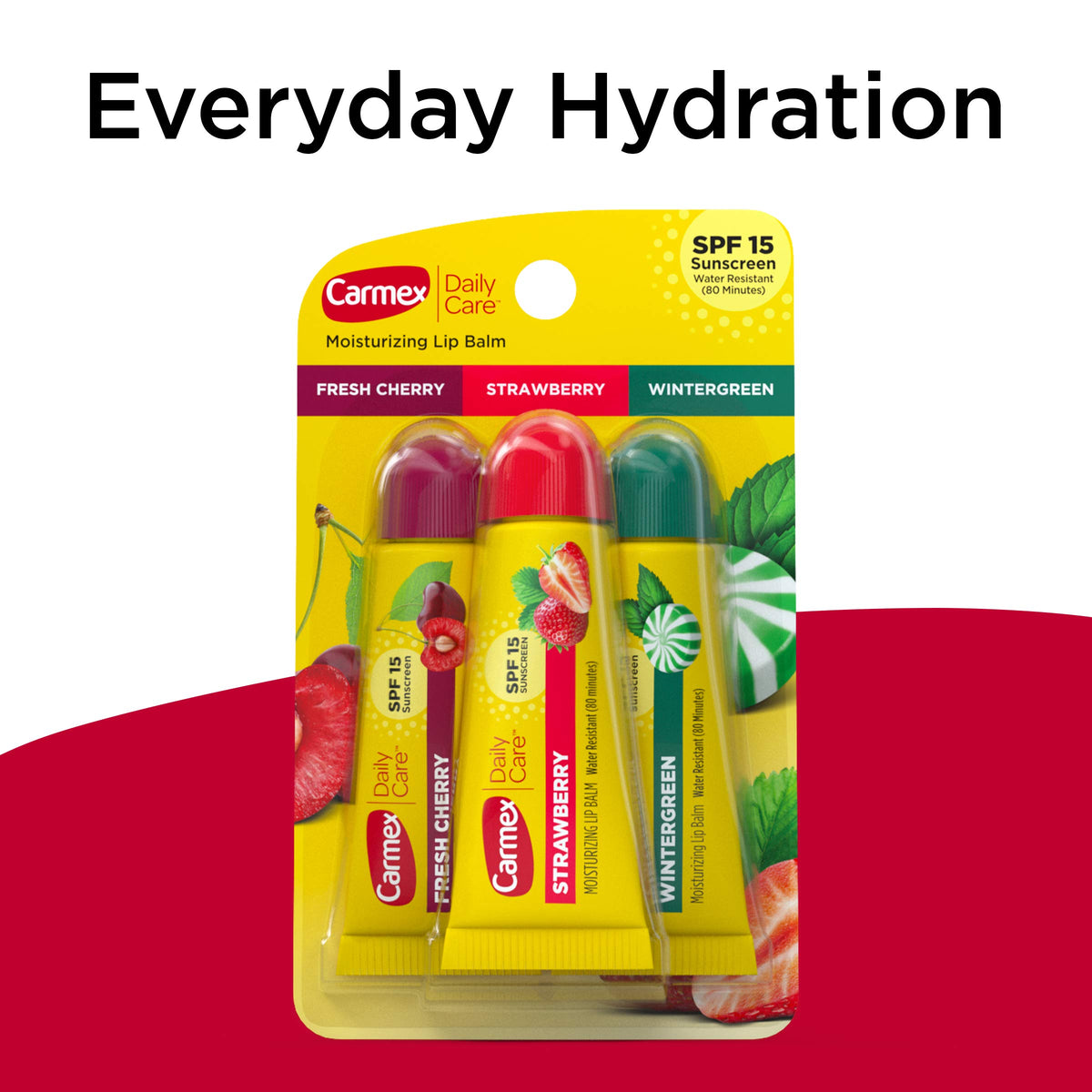 Water-resistant Carmex lip balm remains on lips during swim or sweat