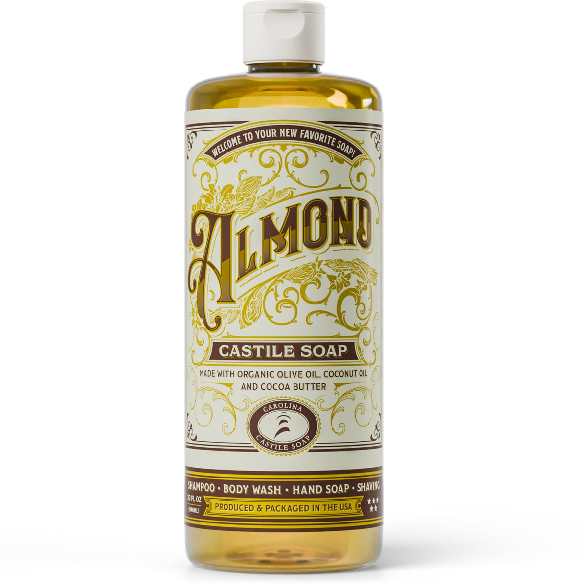 Carolina Castile Soap Almond bottle shows pure organic base for gentle daily cleansing.