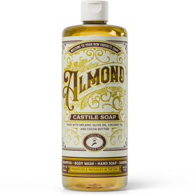 Carolina Castile Soap Almond bottle shows pure organic base for gentle daily cleansing.