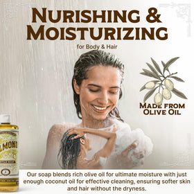 Carolina Castile Soap Almond pour scene emphasizes easy, mess-free dosing for shower routines.