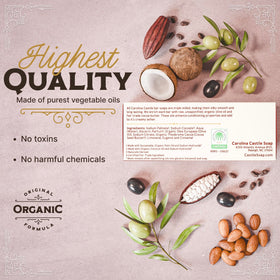 Infusion of organic olive oil and cocoa butter nourishes skin.