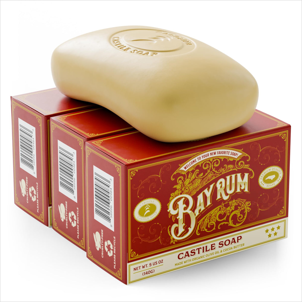 Carolina Castile Soap Bay Rum bar pack for long-lasting cleansing.