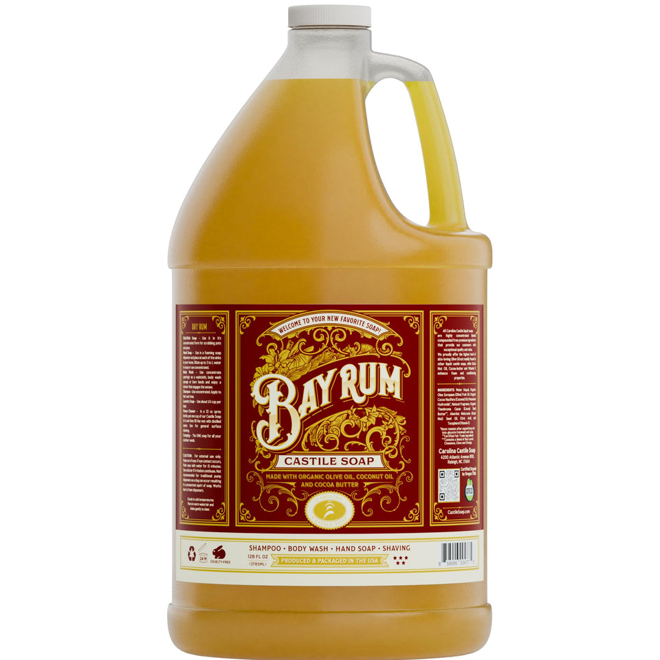 Carolina Castile Soap Bay Rum bottle with organic base shown for daily cleansing.