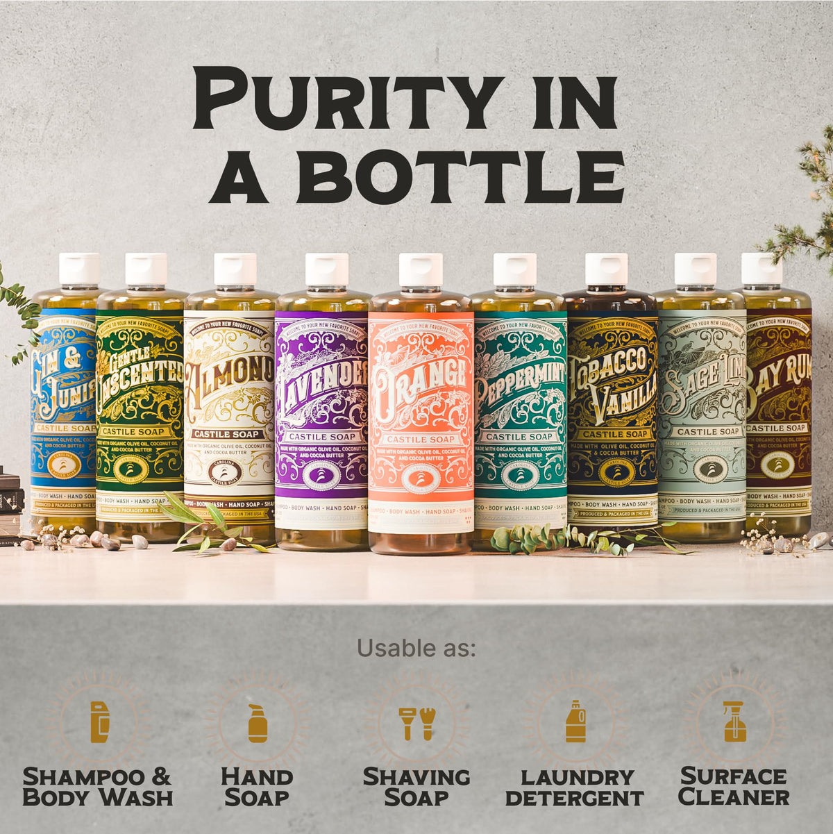 Carolina Castile Soap Bay Rum lifestyle shower scene suggests versatile body wash use.