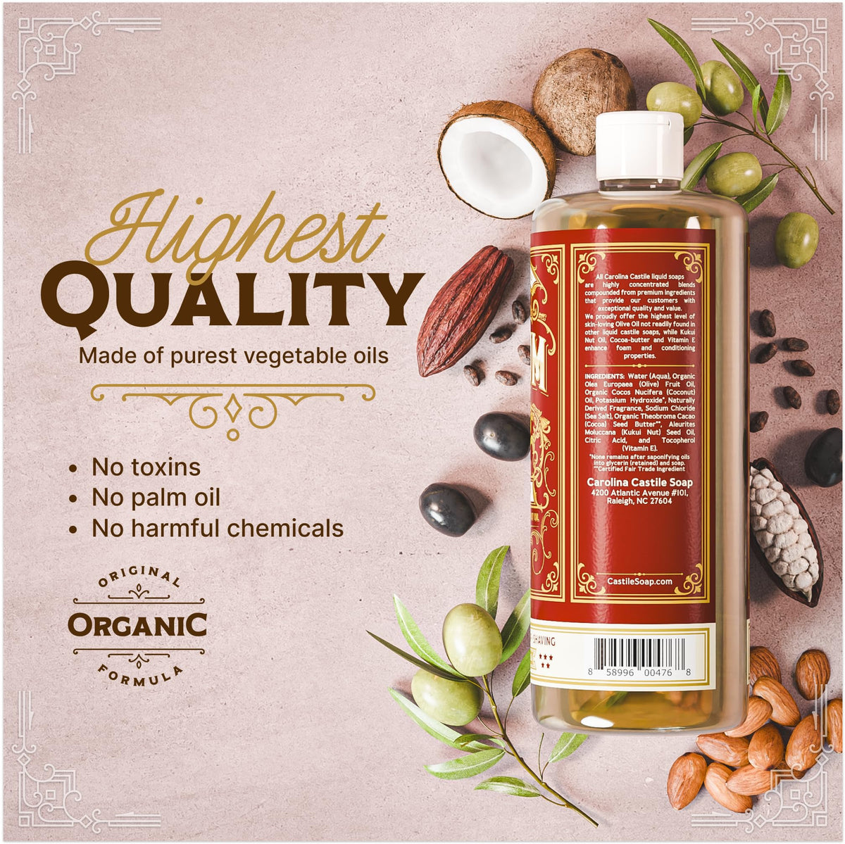 Carolina Castile Soap Bay Rum olive-oil image highlights olive oil rich base.