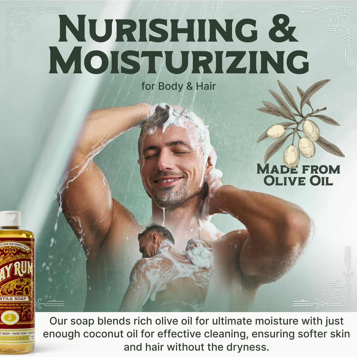 Carolina Castile Soap Bay Rum pour illustrates concentrated formula for cleansing routines.