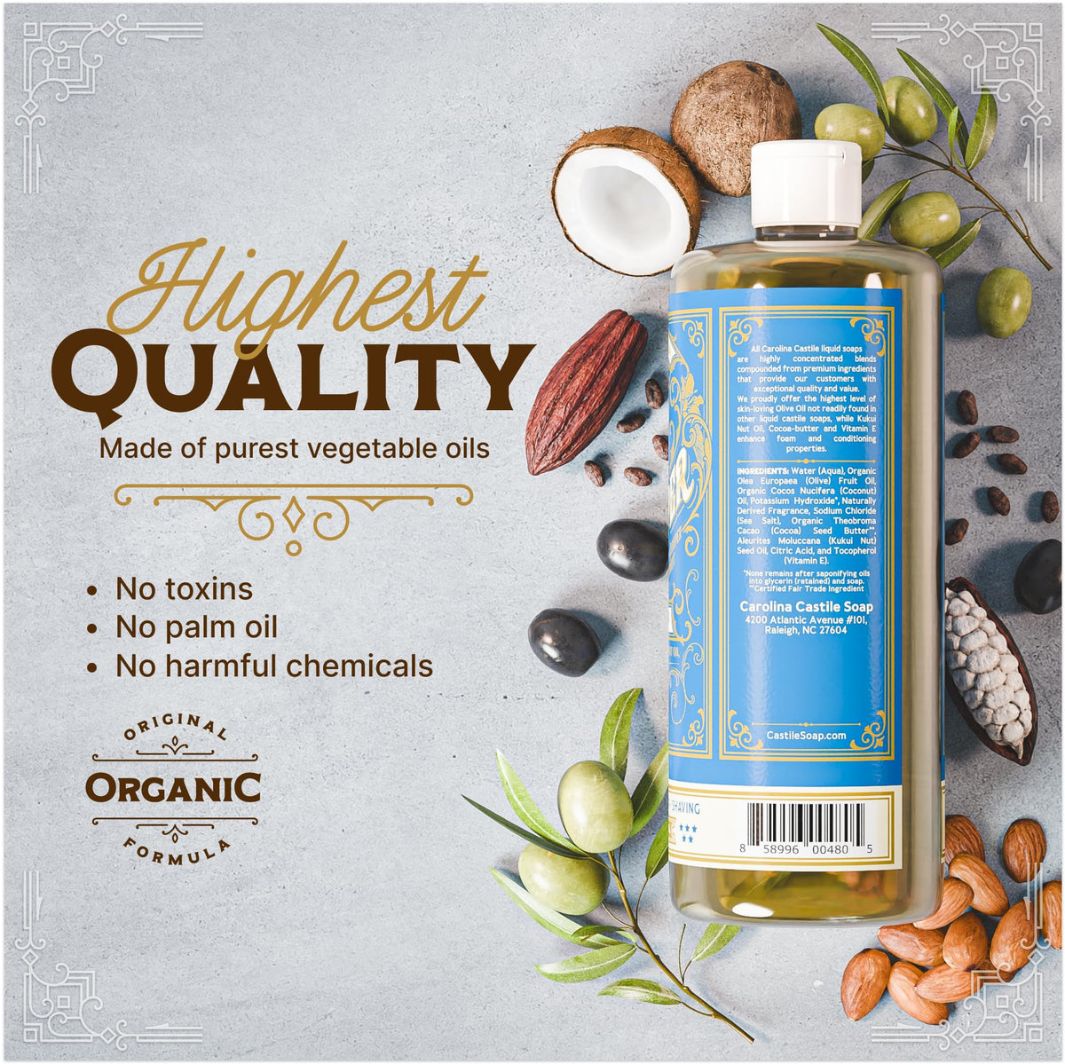 Creamy lather from olive and coconut oils gentle on sensitive skin.