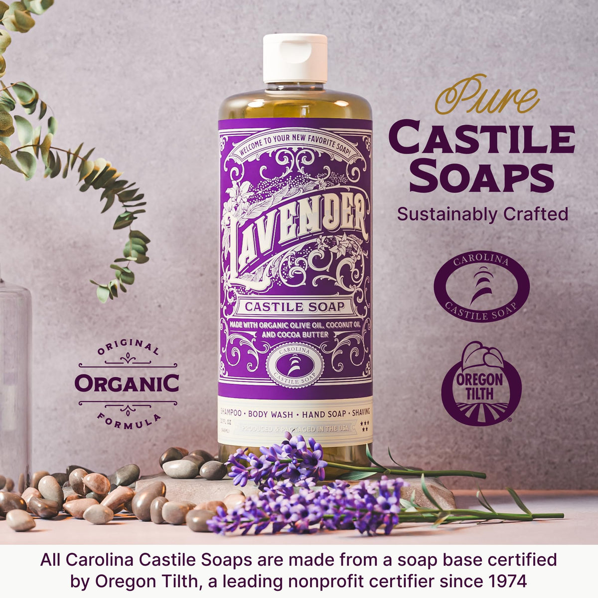 Carolina Castile Soap daily use setup with pump bottle for easy cleansing on body and hair