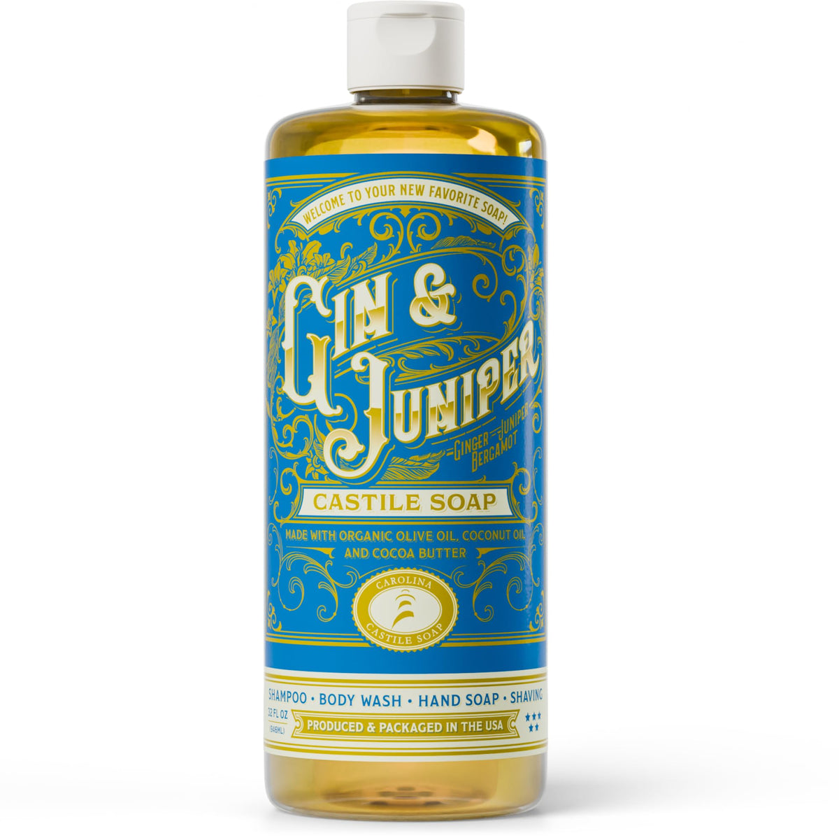 Carolina Castile Soap Gin & Juniper bottle with a refreshing botanical scent.