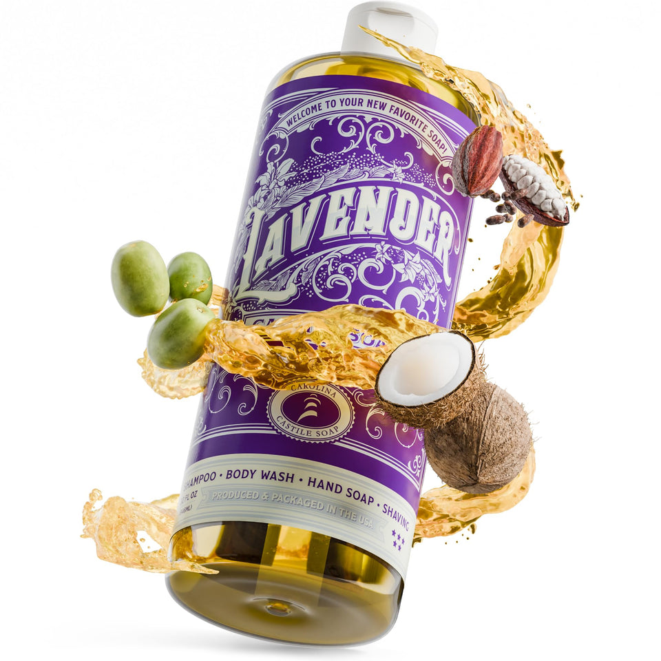 Carolina Castile Soap Lavender Scent bottle shows organic olive oil base for gentle cleansing