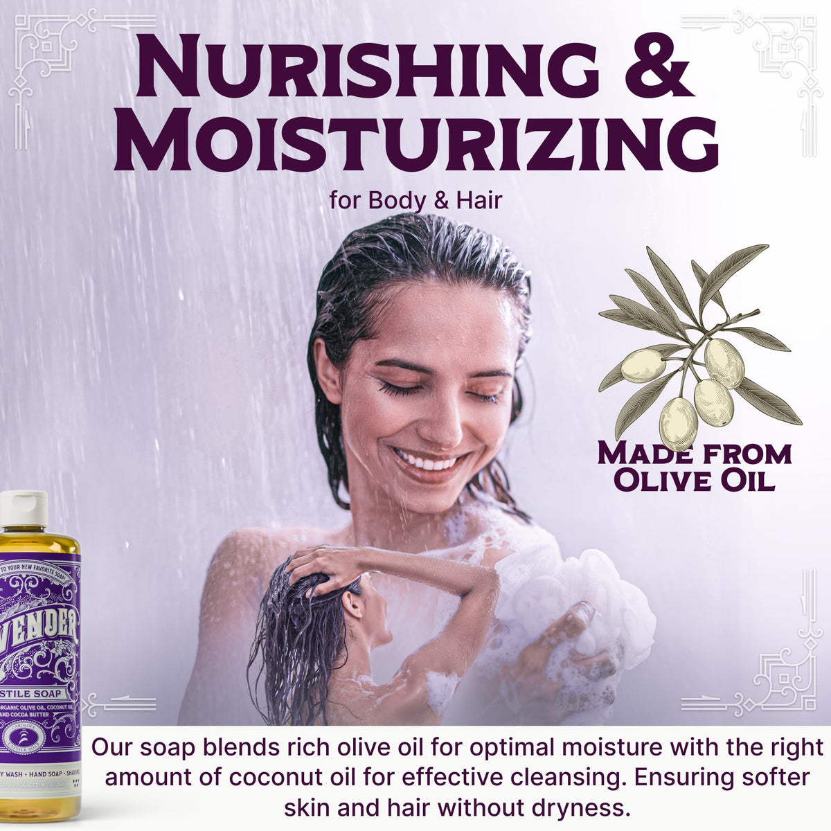 Carolina Castile Soap Lavender Label details highlight pure essential oils and no artificial fragrances