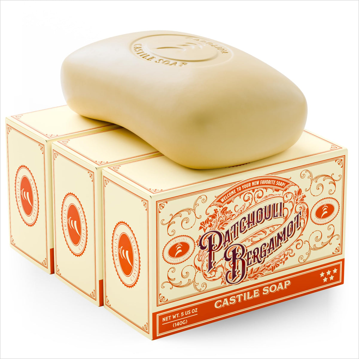 Carolina Castile Soap Patchouli Bergamot Bar offers a warm earthy aroma for daily cleansing.