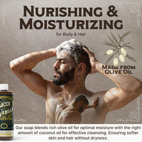Carolina Castile Tobacco Vanilla lather reveals a rich, creamy cleanse for skin and hair.