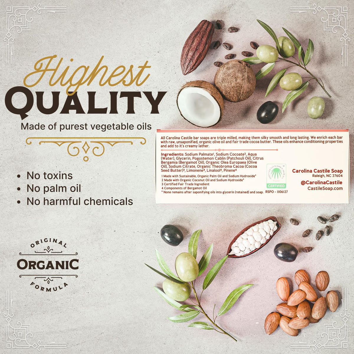 Carolina Castile Soap Unsaponified Olive Oil hydrates while cleansing.
