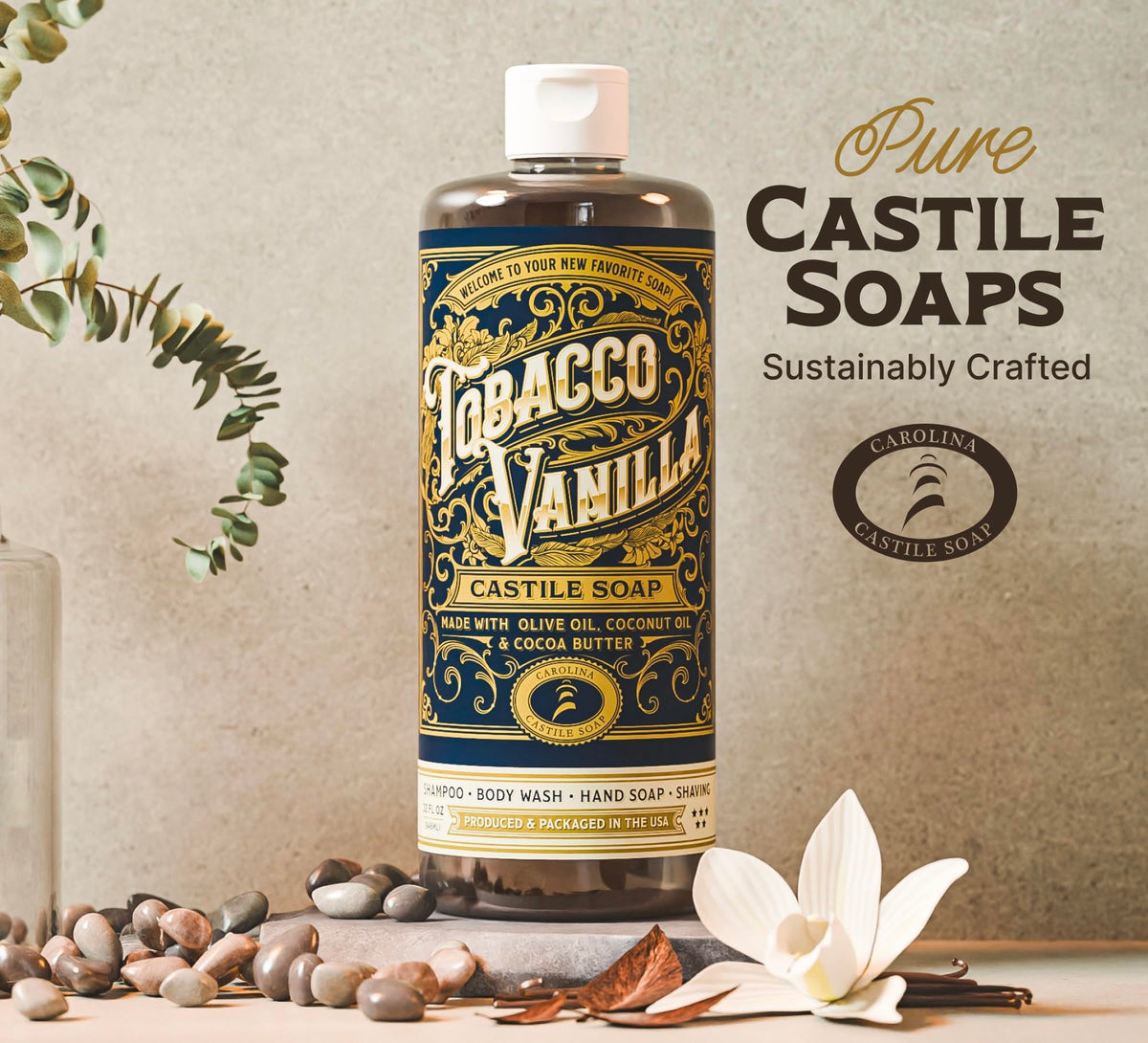 Carolina Castile Cocoa Butter enrichment reflects fair trade ingredients for luxurious cleansing.