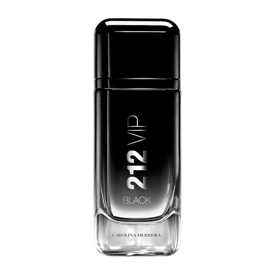Carolina Herrera 212 VIP Black bottle pour, showcasing a bold, long-lasting fragrance
