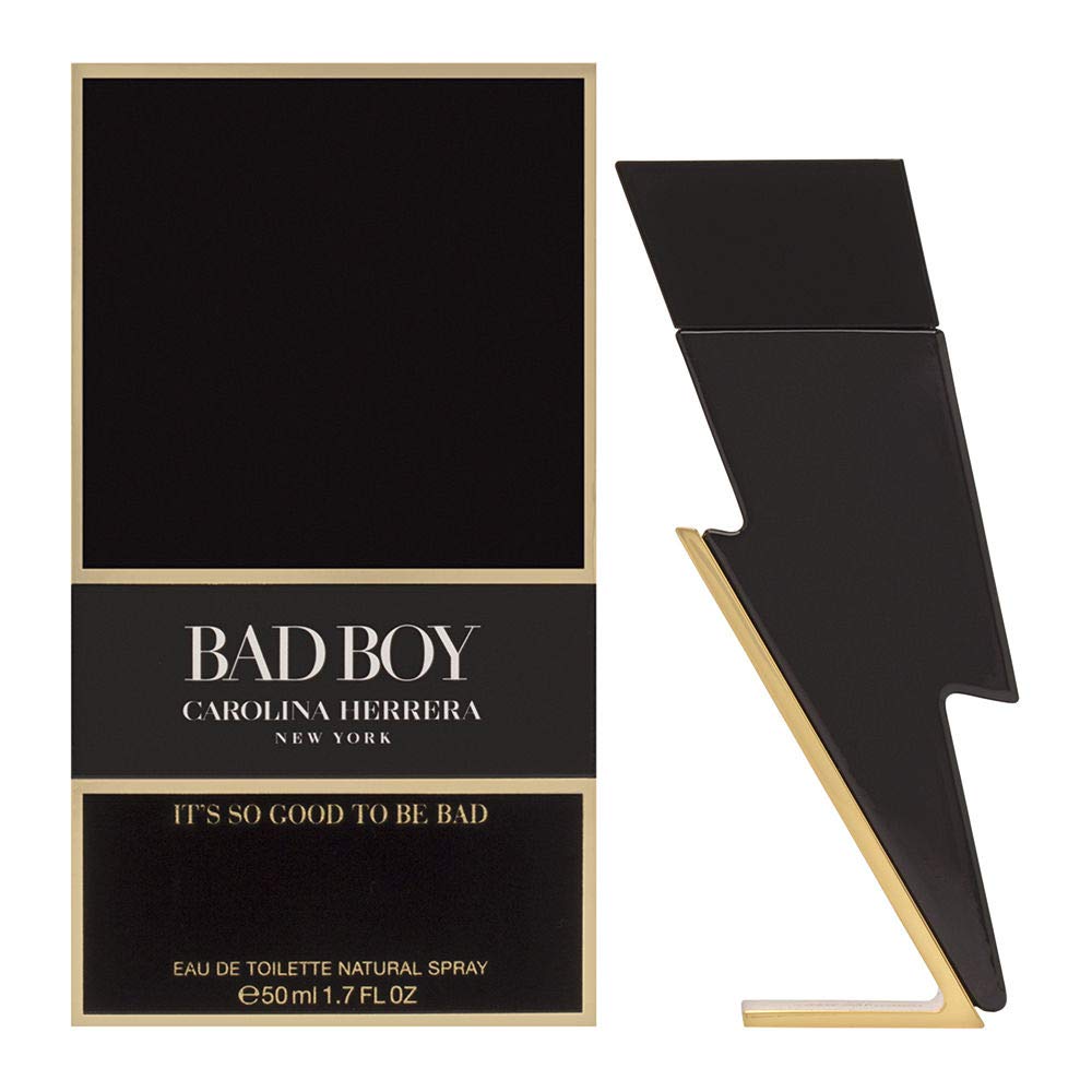 Carolina Herrera Bad Boy bottle with lightning bolt, ideal for bold evening wear