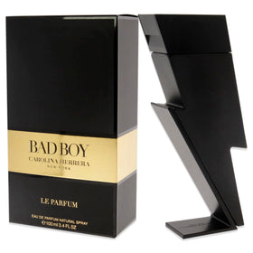 Carolina Herrera Bad Boy Le Parfum display under warm lighting.