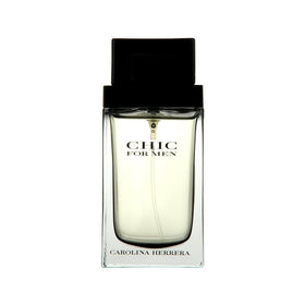Carolina Herrera Chic for Men bottle close-up, showcasing woody-leather notes for evening occasions.
