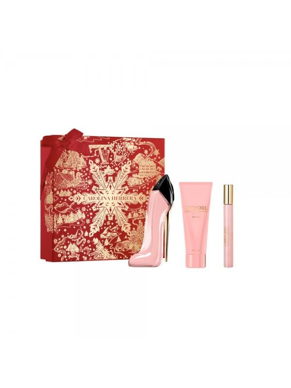 Carolina Herrera Good Girl Blush gift set featuring perfume, lotion and travel spray for everyday elegance.