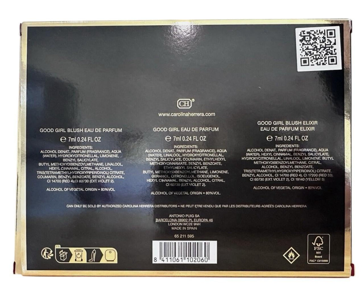 Carolina Herrera Good Girl Gift Set back view showing three mini bottles.
