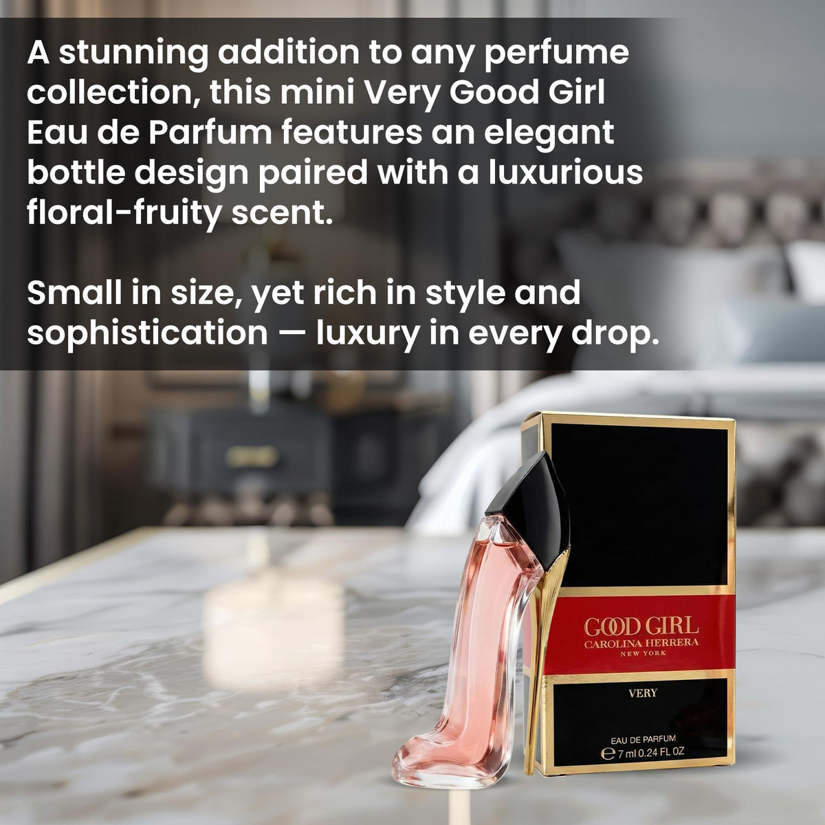 Carolina Herrera Very Good Girl bottle pour shot illustrating spill-free application.