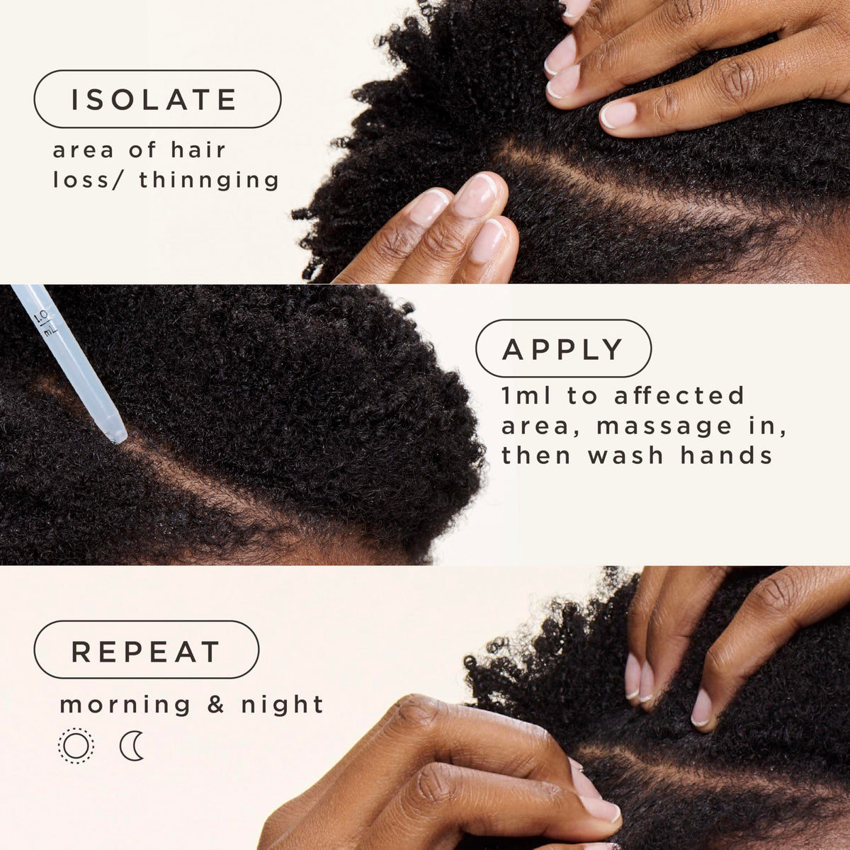 Woman applying Goddess Strength to thinning areas during routine.
