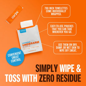 Individually wrapped Carpe On-the-Go wipes for mess-free application.