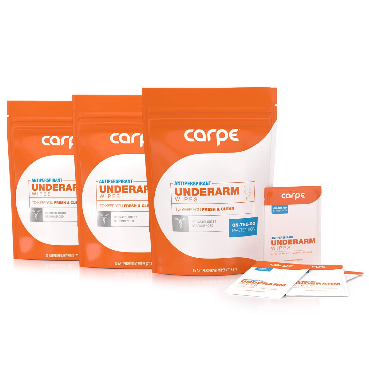 Carpe On-the-Go Wipes pack of 3 boxes for portable sweat relief.