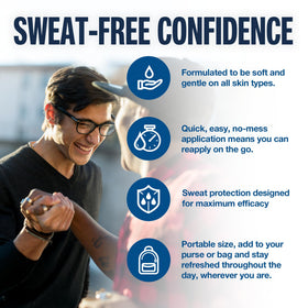 Applying Carpe lotion on the hands to reduce visible sweat